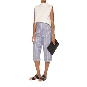 Alice Olivia Rey Blue White Striped Linen Blend Pleated Roll Up Cropped Pants 2